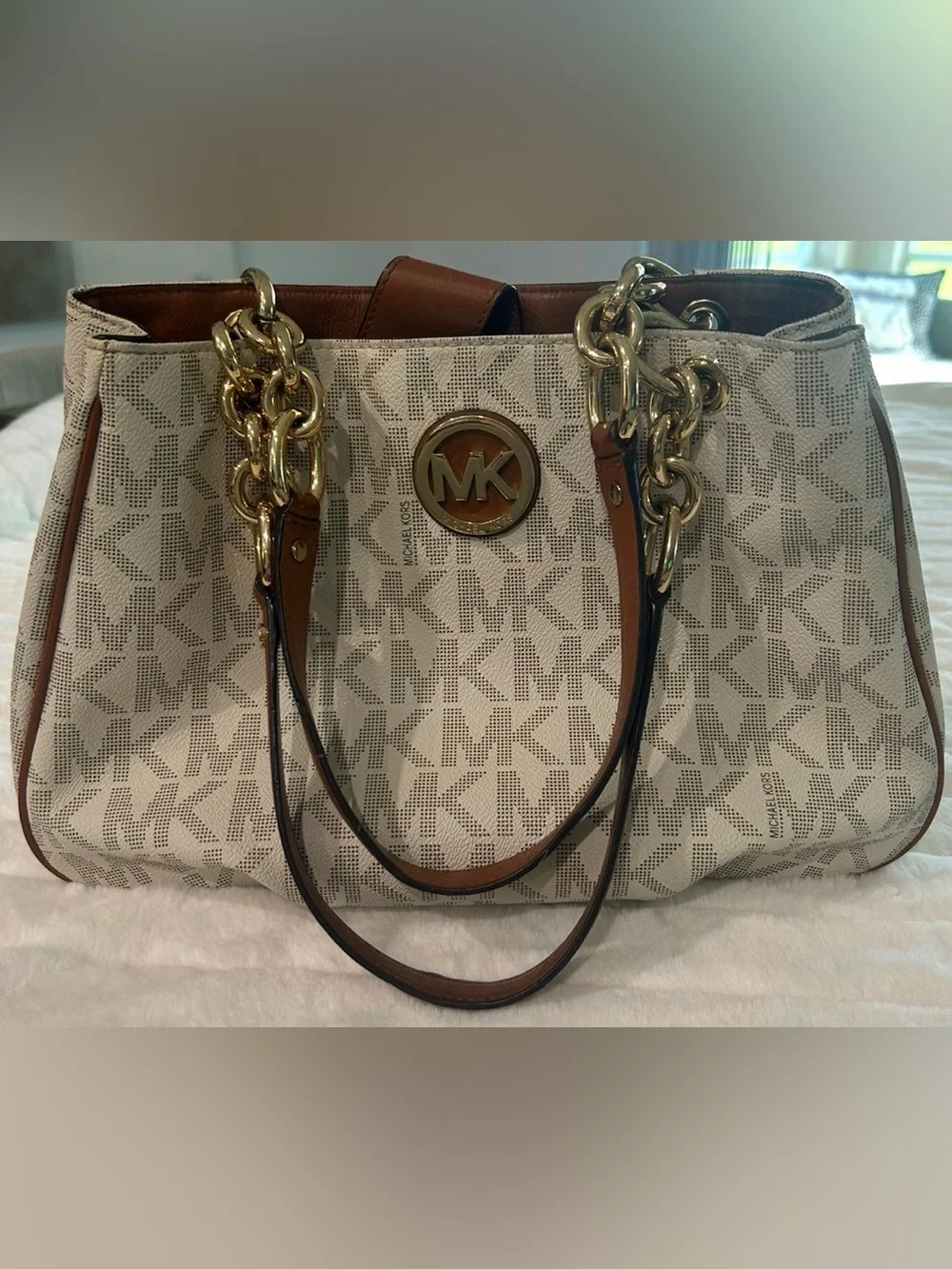 MICHAEL KORS Beige Logo Canvas Tote with Brown Trim and Gold Hardware